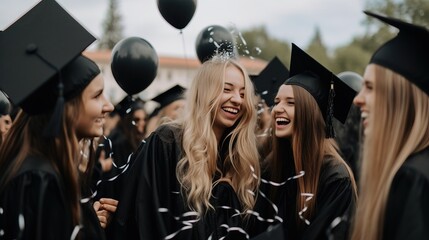 Medium shot of a group of graduates dancing and laughing together, surrounded by balloons and confetti, in a post-ceremony celebration. Generative AI