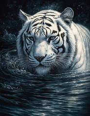 White tiger illustration, painting, swimming in water, beautiful majestic, wall art, digital print. Generative AI