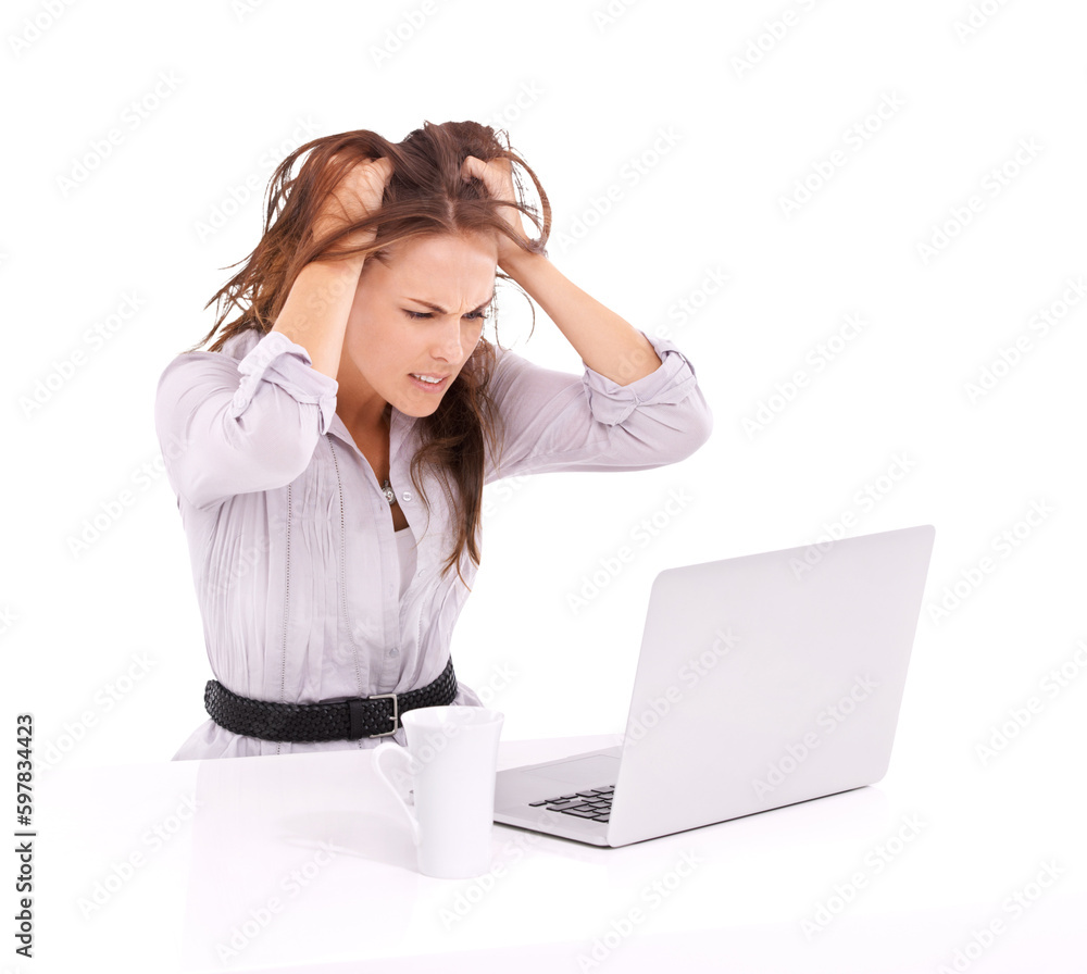 Wall mural Stress, frustrated and woman on laptop isolated on transparent, png background for mistake, error or crisis. Angry, anxiety or confused business person with hands in hair for wrong email on computer - Wall murals