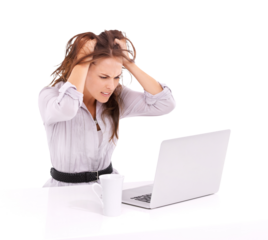 Stress, frustrated and woman on laptop isolated on transparent, png background for mistake, error or crisis. Angry, anxiety or confused business person with hands in hair for wrong email on computer