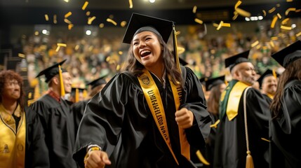 Wide shot of a graduate accepting their diploma on stage, with the audience clapping and cheering in the background. Generative AI