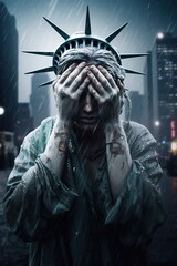 Illustration of Statue of Liberty crying with hands covering her face over rainy day background. Generative AI vertical shot