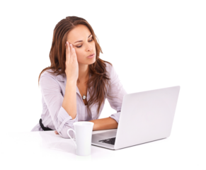 Stress, headache and woman on computer isolated on transparent, png background for anxiety, burnout or pain. Brain fog, problem or fatigue business person with a fail for mental health on laptop