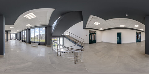 hdri 360 panorama view in empty modern hall near panoramic windows with columns, staircase and...