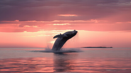 A whale jumping against a pink sunset