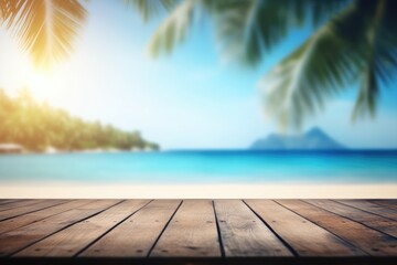 Wooden table top over blur tropical beach background, product display montage.