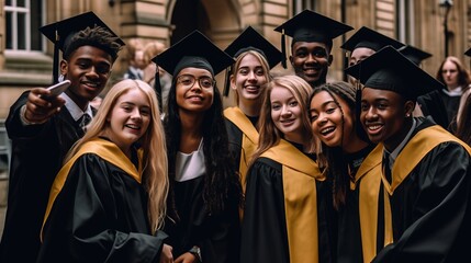 Obraz premium A diverse group of graduates taking a selfie together, with their caps and gowns on, smiling and celebrating their achievements. Generative AI