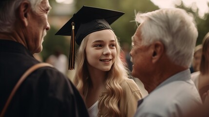 Fototapeta premium A young graduate in cap and gown, standing with their supportive grandparents on the university campus. Generative AI