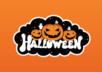 Happy Halloween. Vector cute illustration poster with happy halloween lettering with bats, spider web, ghost and pumpkin for postcard creation