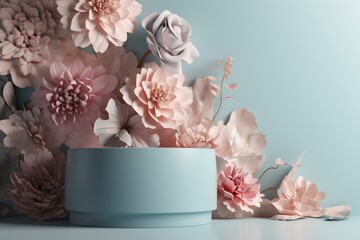 3D rendered podium with abstract pastel flowers background. Generative AI