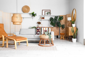 Interior of light living room with sofa, armchair and Monstera houseplant