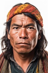 Mature man Inca descendant mature man portrait. White background studio shot. Generative AI vertical shot