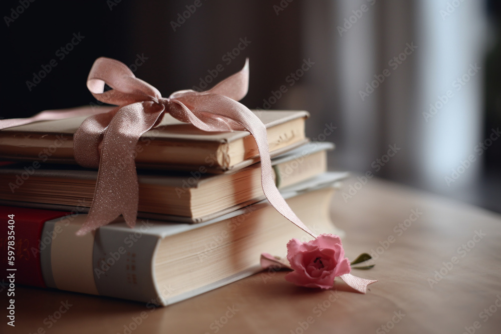 Poster a stack of books with a ribbon tied around them. mother's day generative ai
