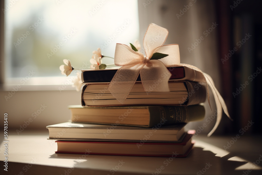 Poster a stack of books with a ribbon tied around them. mother's day generative ai
