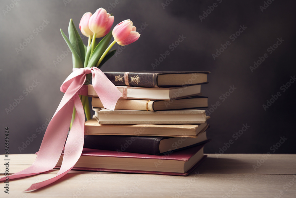 Poster a stack of books with a ribbon tied around them. mother's day generative ai