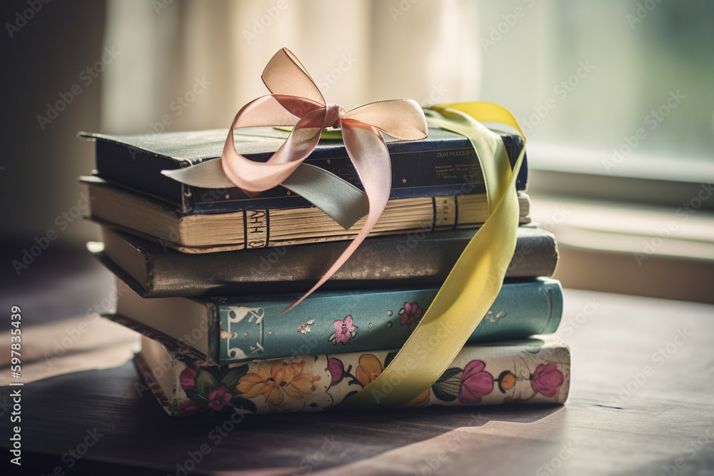 Poster a stack of books with a ribbon tied around them. mother's day generative ai