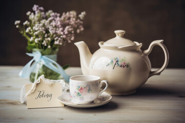 Obraz na płótnie Canvas A teapot and teacup set with a handwritten note. Mother's Day Generative AI