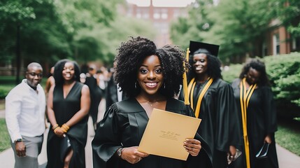 Obraz premium A young female graduate with dark skin and curly hair, wearing her graduation gown and mortarboard, proudly holding her diploma while standing on the university campus. Generative AI