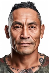 Obraz premium Mature Maori man head shot portrait, white background studio shot. Generative AI vertical shot