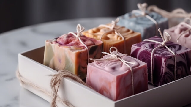 banner, A set of handmade soap bars on a tray. Mother's Day Generative AI