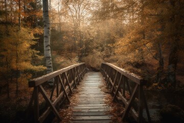 A quaint wooden bridge spans between trees amidst fallen autumn leaves in Trollskogen Vresbokarna. Sunlit ethereal path in the forest. Generative AI