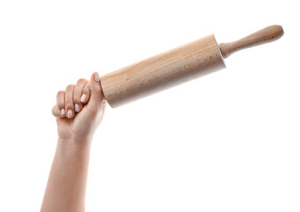 Female hand with wooden rolling pin on white background