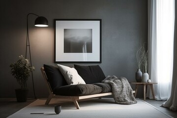 A blank frame hung on wall, great for mock up backdrop. Minimalist living room interior design. Generative AI