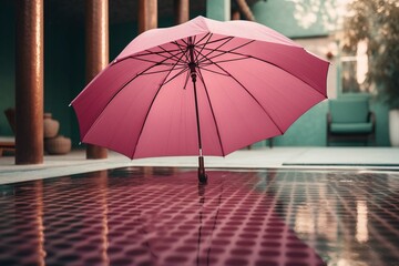 Pink umbrella on water near pink wall and pool floater. Generative AI