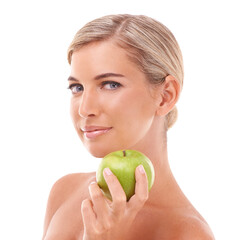 Apple, fruit nutrition or portrait of woman with lose weight diet and body detox for wellness. Female model, green nutritionist food and fruits for health on a isolated, transparent png background