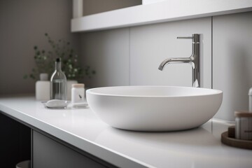 Naklejka na ściany i meble Contemporary white sink in gentle illumination on plain white backdrop, depicted in 3D graphics. Generative AI