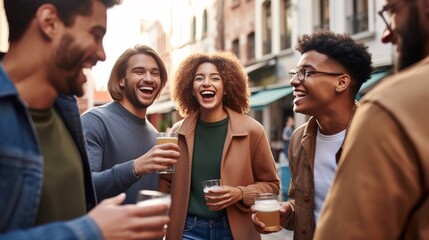Obraz premium Candid shot of a diverse group of friends wearing casual clothes, laughing together and celebrating their unique body types and beauty in an urban setting. Generative AI
