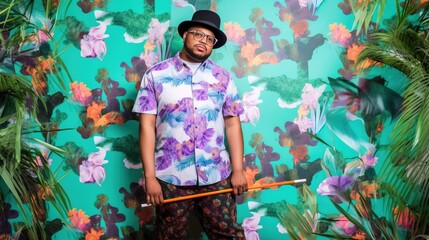 A full-body portrait of a stylish man confidently posing in front of a colorful background. Generative AI