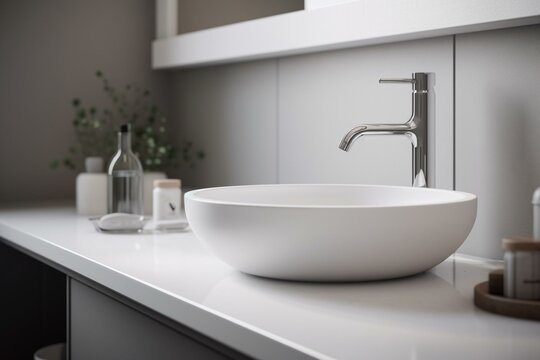 Contemporary white sink in gentle illumination on plain white backdrop, depicted in 3D graphics. Generative AI