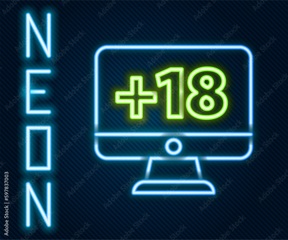 Poster glowing neon line computer monitor with 18 plus content icon isolated on black background. age restr