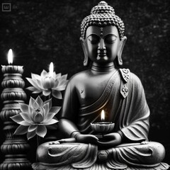 Buddha statue in meditation with lotus flower and burn Ai generative