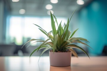 Green plant against blurred office background. Generative AI