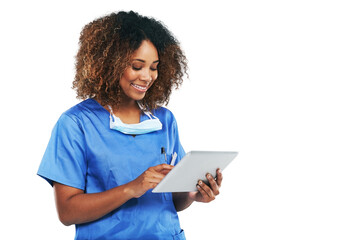 Healthcare, tablet and black woman nurse with technology for assistance or female medical physician...