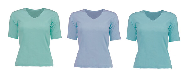 Collection of blue t-shirts. 3 pieces. Front view. Photo on a mannequin. 