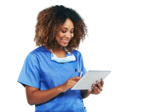 Healthcare, tablet and black woman nurse with technology for assistance or female medical physician smiling. Mobile, research or digital checklist and isolated on a transparent png background.