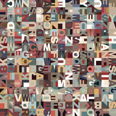 Seamless geometric multicolored pattern with alphabet letters in square blocks. Vintage mosaic style in brown, green, blue, and white colors. Great as a texture or background. Vector illustration.