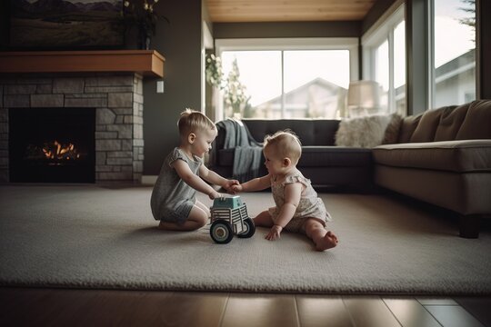 A genuine photo of siblings playfully wrestling and laughing in the family room, capturing the love and camaraderie between them as they enjoy a carefree moment together. Generative AI