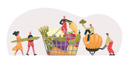 People carrying raw ingredients, vegetables. Tiny characters putting products into basket. Man bringing pumpkin