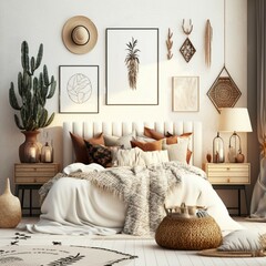 wall gallery mockup in cozy bedroom Ai generative