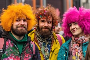 A group of friends attending a music festival, sporting extravagant and colorful outfits, ready to make a statement and be photographed. Generative AI