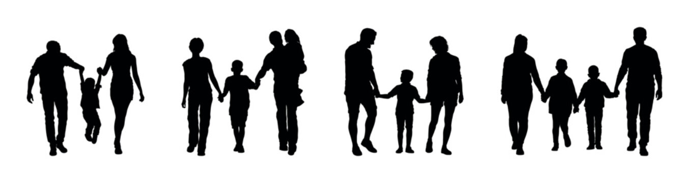 Family and kids holding hands while walking together silhouette set collection.