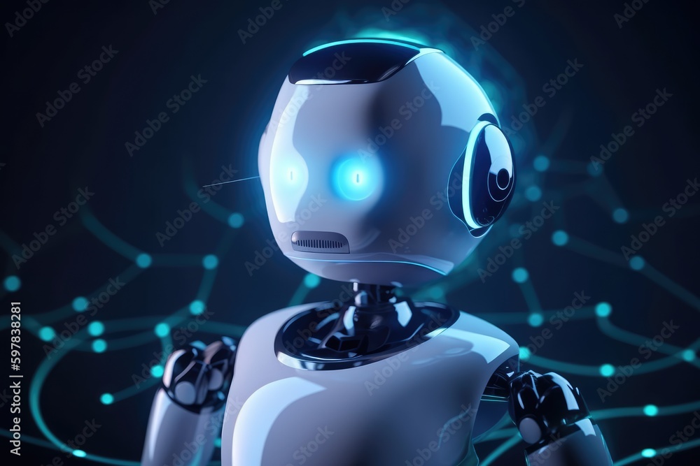 Poster cute robot character. chatbot for social media chat. distinct generative ai image.