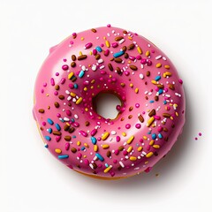 A pink donut with pink frosting and sprinkles on it Created using generative AI tools