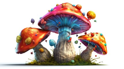 A colorful mushroom with a pink and yellow cap and a pink cap is surrounded by other mushrooms. created using generative AI