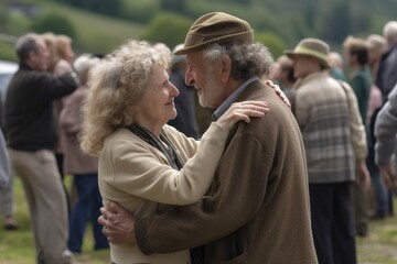 Fototapeta premium A couple in their 60s dancing together at an outdoor event, fully immersed in the moment and laughter. Generative AI