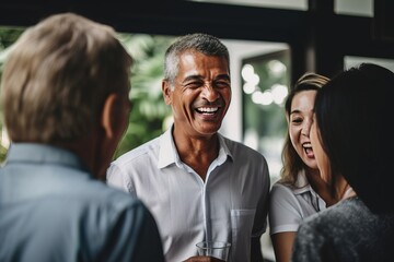 A group of coworkers, diverse in age and ethnicity, participating in a team-buildingexercise and laughing together. Generative AI